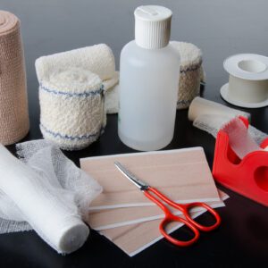 Assorted healthcare tools and materials displayed