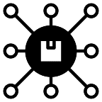 Central box connected to multiple nodes symbolizing network or distribution.