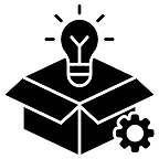 Light bulb emerging from a box with a gear icon symbolizing innovation.