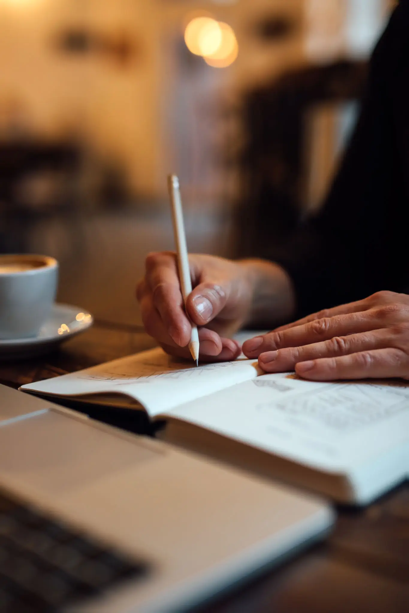 Person writing in a notebook with coffee nearby.
